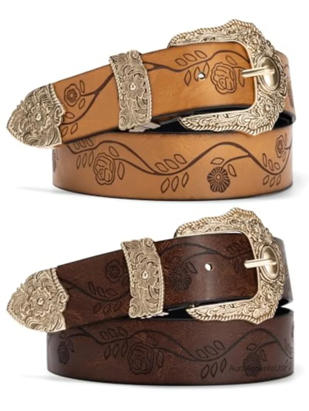 2 Pack Women Western PU Leather Engraved Buckle Belts Cowgirl Style
